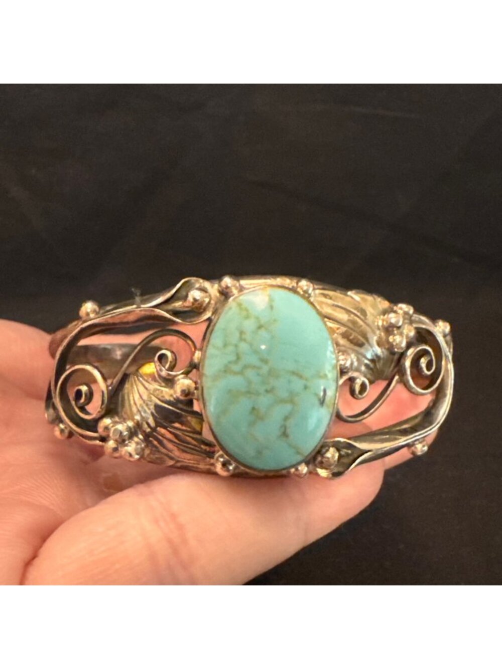 Sterling Silver 925 Turquoise Bezel Set Scroll Cuff Bracelet Size 7.5" Fit